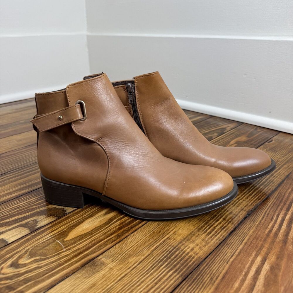 Elodie Soft Leather Tan Brown Ankle Buckle Almond Toe Booties, 37 Made In Spain